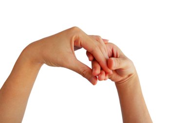 Asyalı bir kadının eli, beyaz arka planda izole edilmiş spa masajıdır.