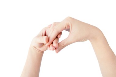 Asyalı bir kadının eli, beyaz arka planda izole edilmiş spa masajıdır.