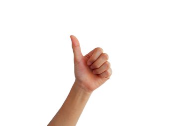 Asyalı bir kadının eli beyaz arka planda izole edilmiş büyük bir jest.