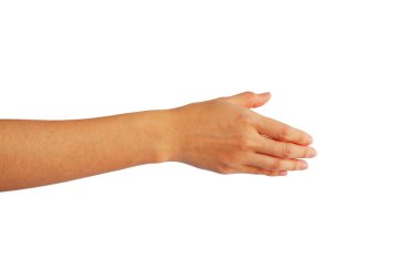 Asyalı bir kadının eli, beyaz arka planda izole edilmiş bir şekilde elini sıkar.