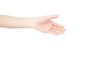 Asyalı bir kadının uzanıp elini sıkması beyaz arka planda izole edilmiş el hareketidir.