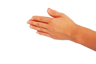 Asyalı bir kadının el hareketi beyaz arka planda izole edilmiş.