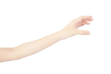 Kadının eli uzanıp beyaz arka planda izole edilmiş bir şey alıyor.