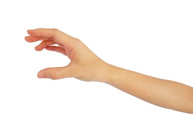 Kadının eli uzanıp beyaz arka planda izole edilmiş bir şey alıyor.
