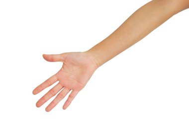 Asyalı bir kadının eli, beyaz arka planda izole edilmiş bir şekilde avucunun içine uzanır.