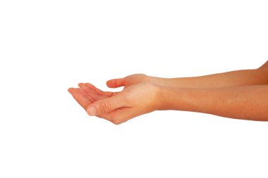 Kadınların her iki eli de beyaz arka planda izole edilmiş bir şeye uzanıyor veya uzanıyor.