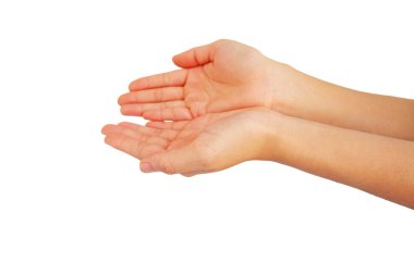 Kadınların her iki eli de beyaz arka planda izole edilmiş bir şeye uzanıyor veya uzanıyor.