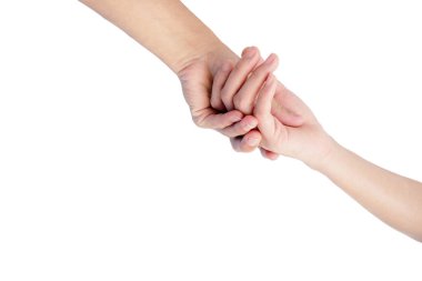 Erkeklerin ve kadınların elleri beyaz arka planda izole edilmiş aşkı göstermek için el ele tutuşurlar.