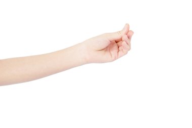 Asyalı bir kadının eli uzanıyor ve beyaz arka planda izole edilmiş ani bir hareket sergiliyor.