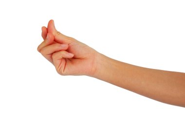 Asyalı bir kadının eli uzanıyor ve beyaz arka planda izole edilmiş ani bir hareket sergiliyor.