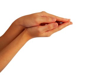 El, beyaz arka planda izole edilmiş bir şeye saldırmak için ağız gibi jestler gösterir.