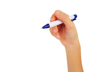 Asyalı kadının el hareketi beyaz arkaplana izole edilmiş yazılar için kalem tutmaktır.