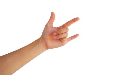 Asyalı kadının eli, beyaz arka planda izole edilmiş aşkın bir jest sembolü.