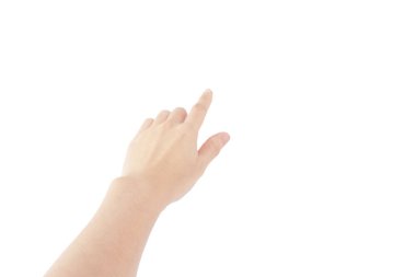 Asyalı bir kadının eli, beyaz arka planda izole edilmiş dokun ve bas düğmesine