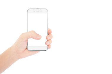 Beyaz arka planda izole edilmiş Asyalı bir kadının elinde beyaz ekranlı akıllı telefon.