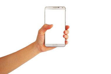 Asyalı kadının elindeki beyaz ekranlı akıllı telefon beyaz arka planda izole edilmiş durumda.