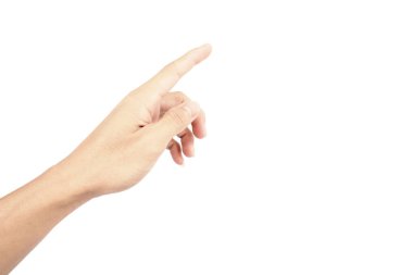 İşaret parmağı olan bir adamın elini göster ve beyaz arkaplanda izole edilmiş olarak basın