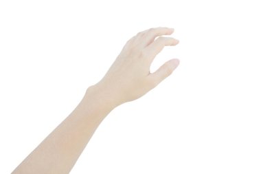 Asyalının eli dokunmak için uzanıyor. Beyaz arka planda izole bir şey.