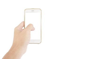 El beyaz ekranlı akıllı telefonu tutuyor ve başparmak ekranda dokunuyor, hepsi beyaz arkaplanda izole edilmiş.