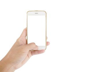 El beyaz ekranlı akıllı telefonu tutuyor ve başparmak ev tuşuna basıyor, hepsi beyaz arkaplanda izole edilmiş.