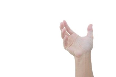 Asyalı adamın eli bir şey kapmak için hareket etti. Beyaz arka planda izole edilmiş.