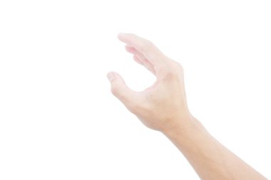 Asyalı adamın eli bir şey kapmak için hareket etti. Beyaz arka planda izole edilmiş.