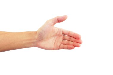 İnsanın eli, beyaz arka planda izole edilmiş el sıkışma hareketidir.