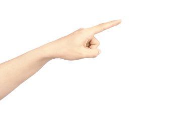 Kadın eli, beyaz arka planda izole edilmiş nokta jestidir.