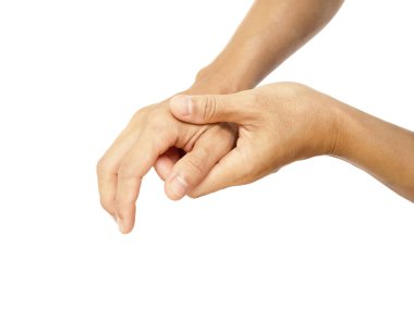 Herhangi bir eli acıtacak ve kullanacak bir el hareketi beyaz arka planda izole edilmiş masaj spasıdır.