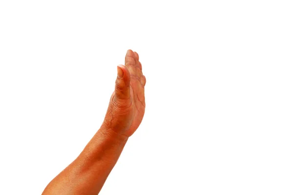 Mão Mulher Meia Idade Mostrar Palma Para Mostrar Gesto Que — Fotografia de Stock