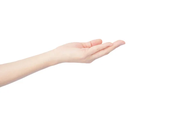 Ręka Kobiety Jest Wyciągnąć Rękę Geście Get Izolowane Białym Tle — Zdjęcie stockowe