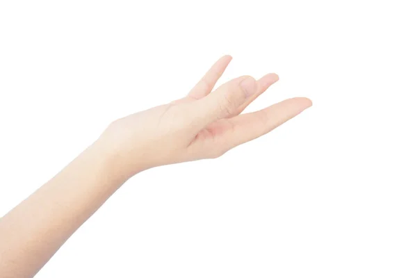 Hand Van Aziatische Vrouw Bereiken Palm Krijgen Gebaar Geïsoleerd Witte — Stockfoto