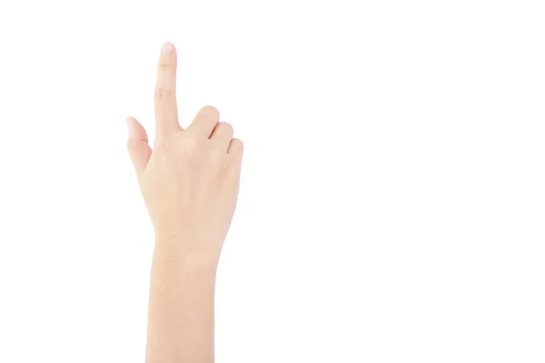 Рука Женщины Использовать Указательный Палец Нажатии Жест Кнопку Изолированы Белом — стоковое фото