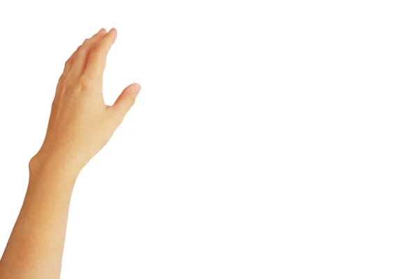アジアの女性の手は白地に隔離された何かをつかむために手を伸ばしている — ストック写真