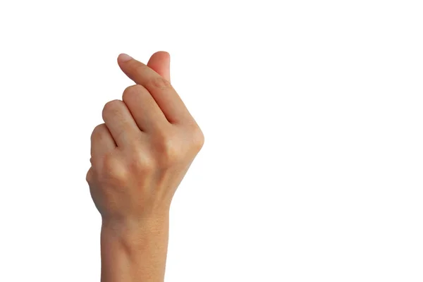 亚洲女人的手是展示的手是在白色背景上孤立的迷你心形手势 — 图库照片