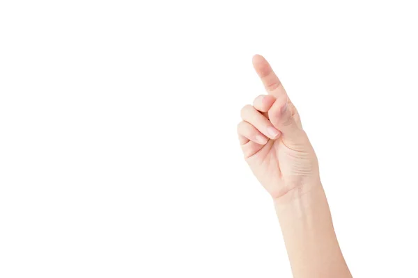 Рука Женщины Показать Руку Указательным Пальцем Точки Изолированное Белом Фоне — стоковое фото