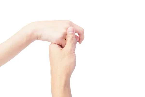 Рука Чоловіка Жінки Тримаються Руки Щоб Показати Любов Ізольовано Білому — стокове фото