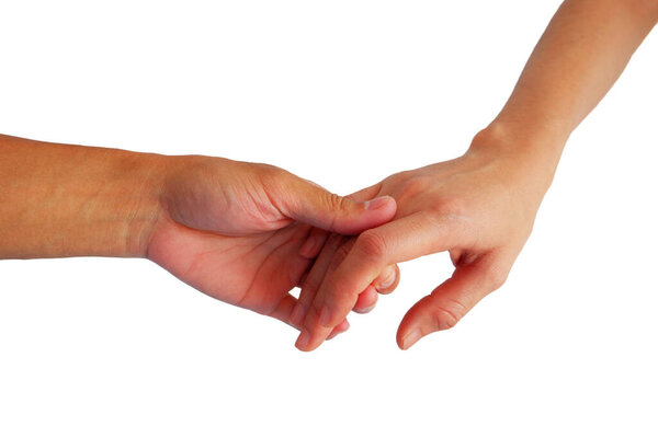 hand of man and woman are Hold hands To show love isolated on white background