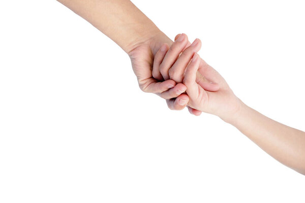 hand of man and woman are Hold hands To show love isolated on white background