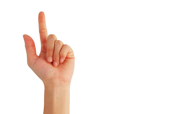 Рука Азиатской Женщины Показать Показать Указательный Палец Вверх Правильно Указать — стоковое фото
