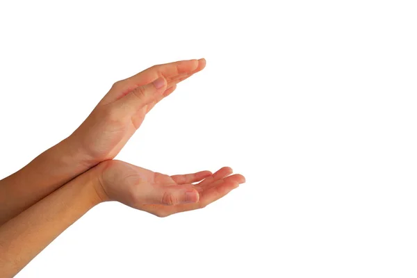Χέρι Δείχνει Χειρονομίες Όπως Ένα Στόμα Ορμήξει Κάτι Απομονωμένο Λευκό — Φωτογραφία Αρχείου
