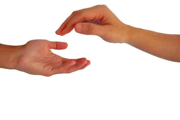 Hand Man Woman Reach Out Touch Each Other Isolated White — Stock Photo, Image