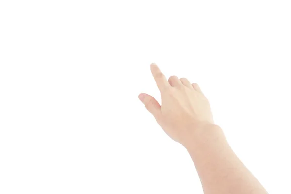 Ręka Azji Kobieta Wyciągnąć Dotyk Naciśnij Przycisk Izolowany Białym Tle — Zdjęcie stockowe