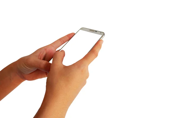 Smartphone Com Tela Branca Mão Mulher Asiática Está Segurando Usar — Fotografia de Stock