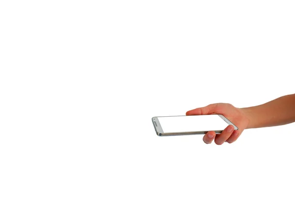 Smartphone Ręku Azjatki Kobieta Izolowanym Białym Ekranem Przytrzymaj Smartfon Aby — Zdjęcie stockowe