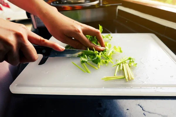 Mano Mujer Está Cortando Cilantro Una Tabla Cortar Con Cuchillo — Foto de Stock