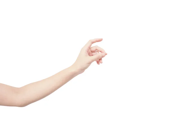 Hand Asiatisk Kvinna Kontakt Gest Något Pekfingret Isolerad Vit Bakgrund — Stockfoto