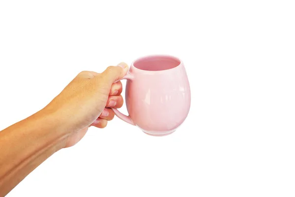 Pink Ceramic Mug Holding Hand Asian Man Isolated White Background — Stock Photo, Image