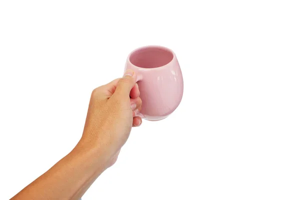 粉红陶瓷杯 手握亚洲人的手 白色背景隔离 — 图库照片