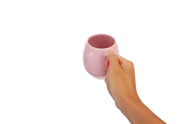 Taza Cerámica Rosa Con Celebración Mano Del Hombre Asiático Aislado — Foto de Stock